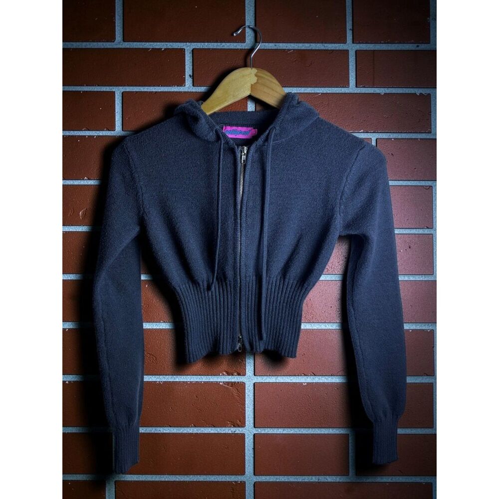 Edikted Cropped Knit Zip Up Hoodie Women’s Small Charcoal Gray